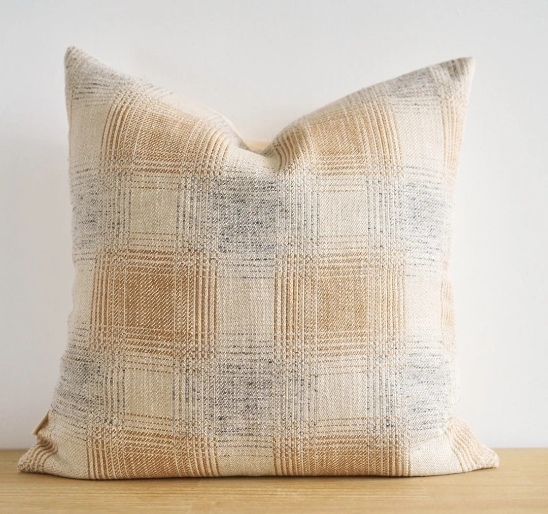 Plaid Pillow Beige Blue Tan Check Pillow Cover Earthy - Etsy | Etsy (US)