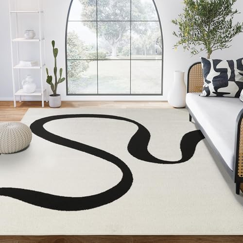 Abani Abstract Beige/Black Area Rug - 9'x12' - Modern Curved Line Design - Deco Collection - Easy... | Amazon (US)