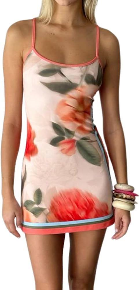 AVZXSA Women's Print Spaghetti Strap Floral Mini Dress, 2026 Sexy Backless Bodycon Short Dresses ... | Amazon (US)