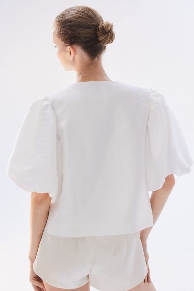 Balloon-sleeved Blouse - Round Neck - Short sleeve - White - Ladies | H&M US | H&M (US + CA)