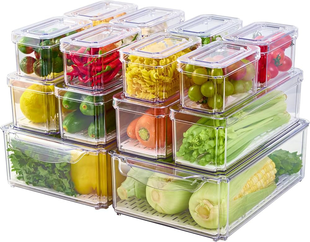 14 Pack Fridge Organizers, Refrigerator Organizer Bins with Lids, BPA Free Stackable Fruit Storag... | Amazon (US)