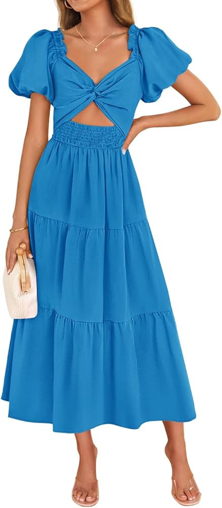 ZESICA Womens Summer 2025 Boho Vacation Dress Short Puff Sleeve Flowy Smocked Cutout A Line Beach... | Amazon (US)