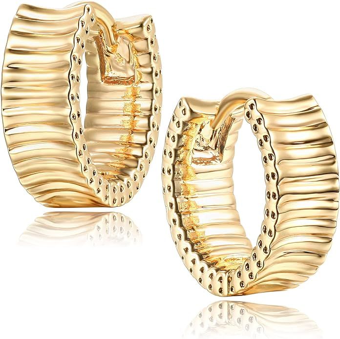 Mevecco Gold Chunky Frill Huggie Hoop Earrings 18K Gold Plated Dainty Thick Round Ear Cute Small ... | Amazon (US)