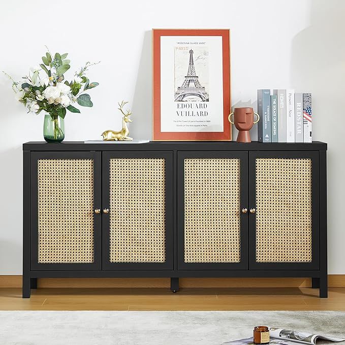 RARZOE Sideboard Buffer Cabinet,Accent Storage Cabinet with 4 Rattan Doors, Modern Cupboard Conso... | Amazon (US)
