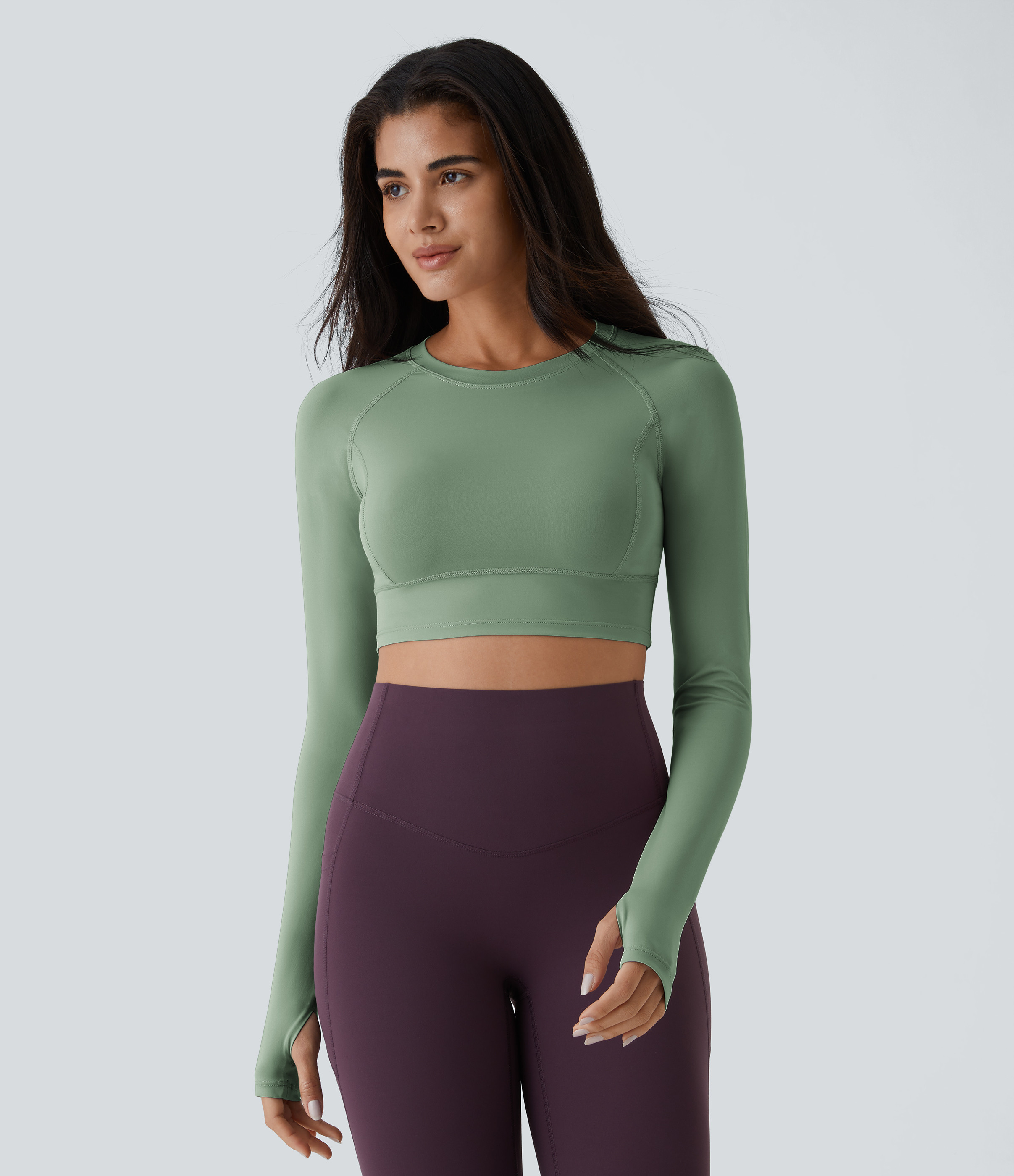 Halara Solid Thumb Hole Cropped Yoga Sports Top - Green Shade - XL | HALARA