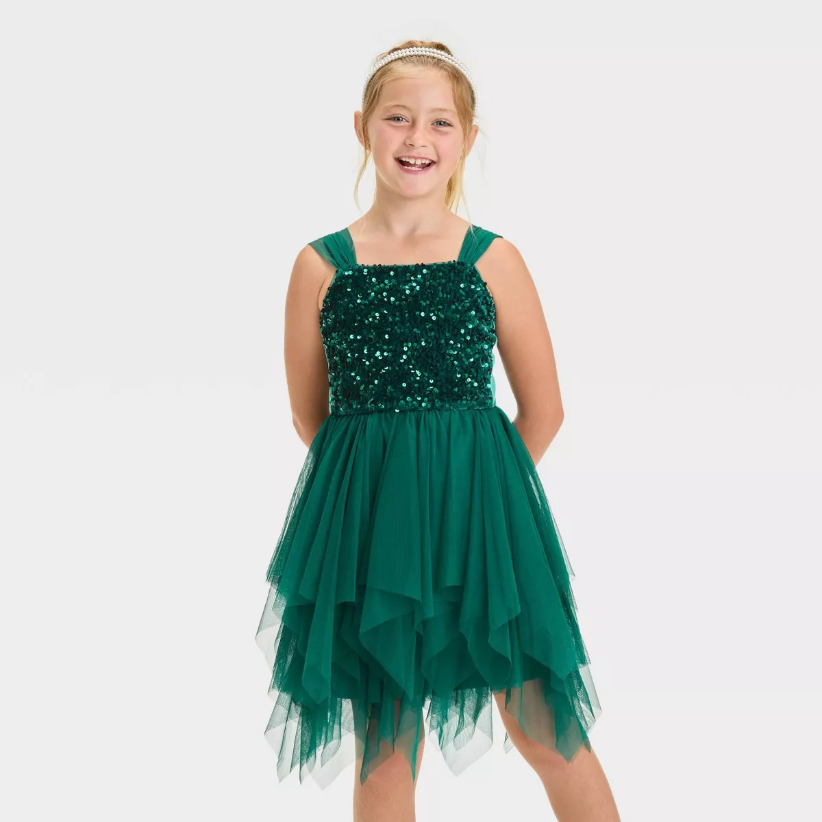 Girls' Sleeveless Sequin to Tulle Dress - Cat & Jack™ Dark Green | Target