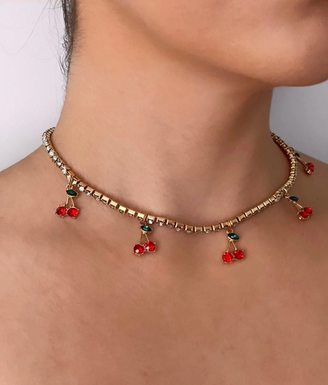 Cherry Rhinestone Tennis Necklace Y2K Crystal Chain Necklace - Etsy | Etsy (US)