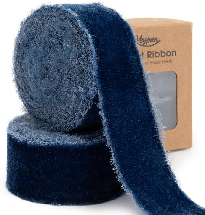 Blue Velvet Ribbon 1-1/2 Inch x 6 Yd Handmade Frayed Vintage Ribbons for Christmas Tree Home Deco... | Amazon (US)