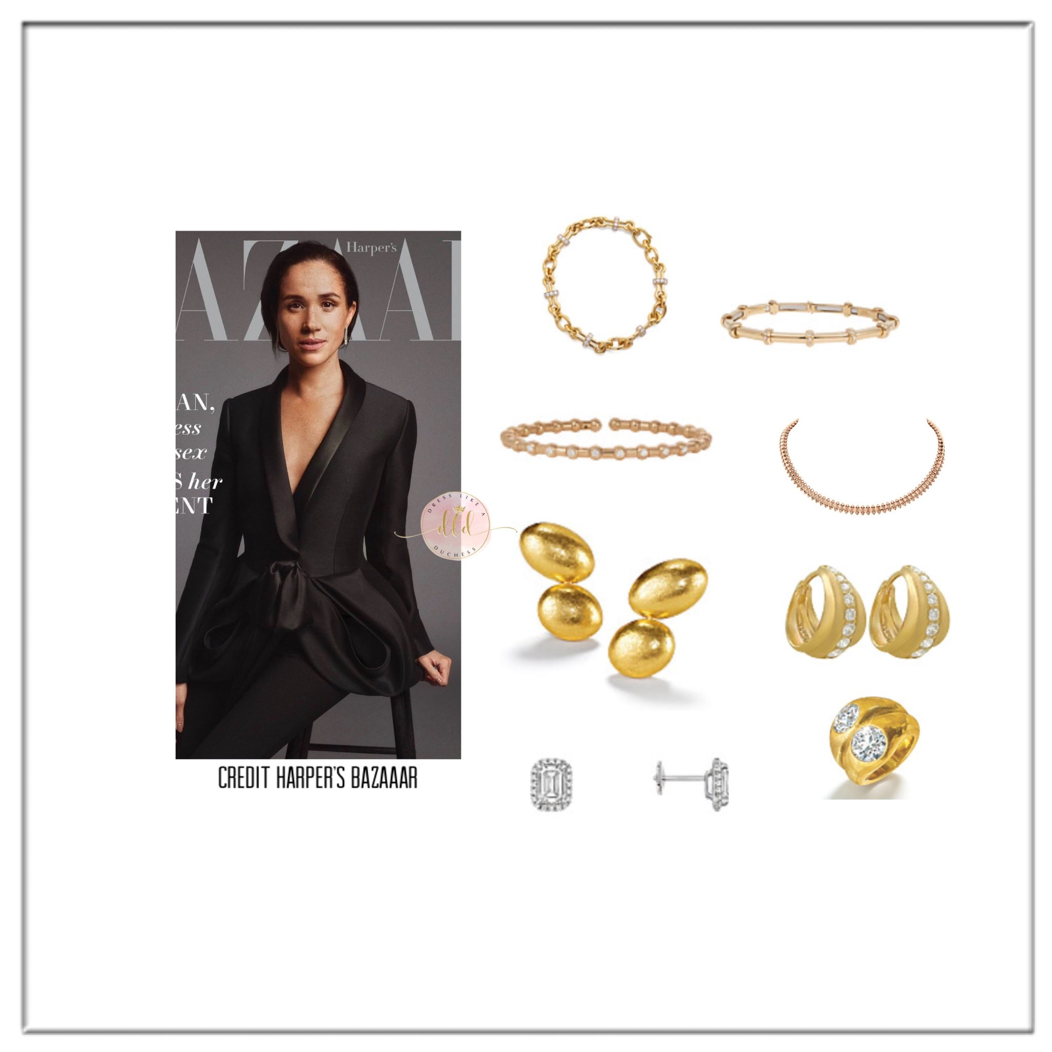 Jewelry seen on the Duchess of Sussex in Harper’s Bazaar magazine
Left to right top 
David Webb Barbell chain bracelet + Sidney Garber Carly bracelet with diamonds+ Sidney Garber Holly bracelet with diamonds + Cartier clash necklace+ Belperron Gemini Earclips + Howl Bettina small hoops with diamonds+ Cartier Destinee stud earrings emerald cut + Belperron Twin Ring 