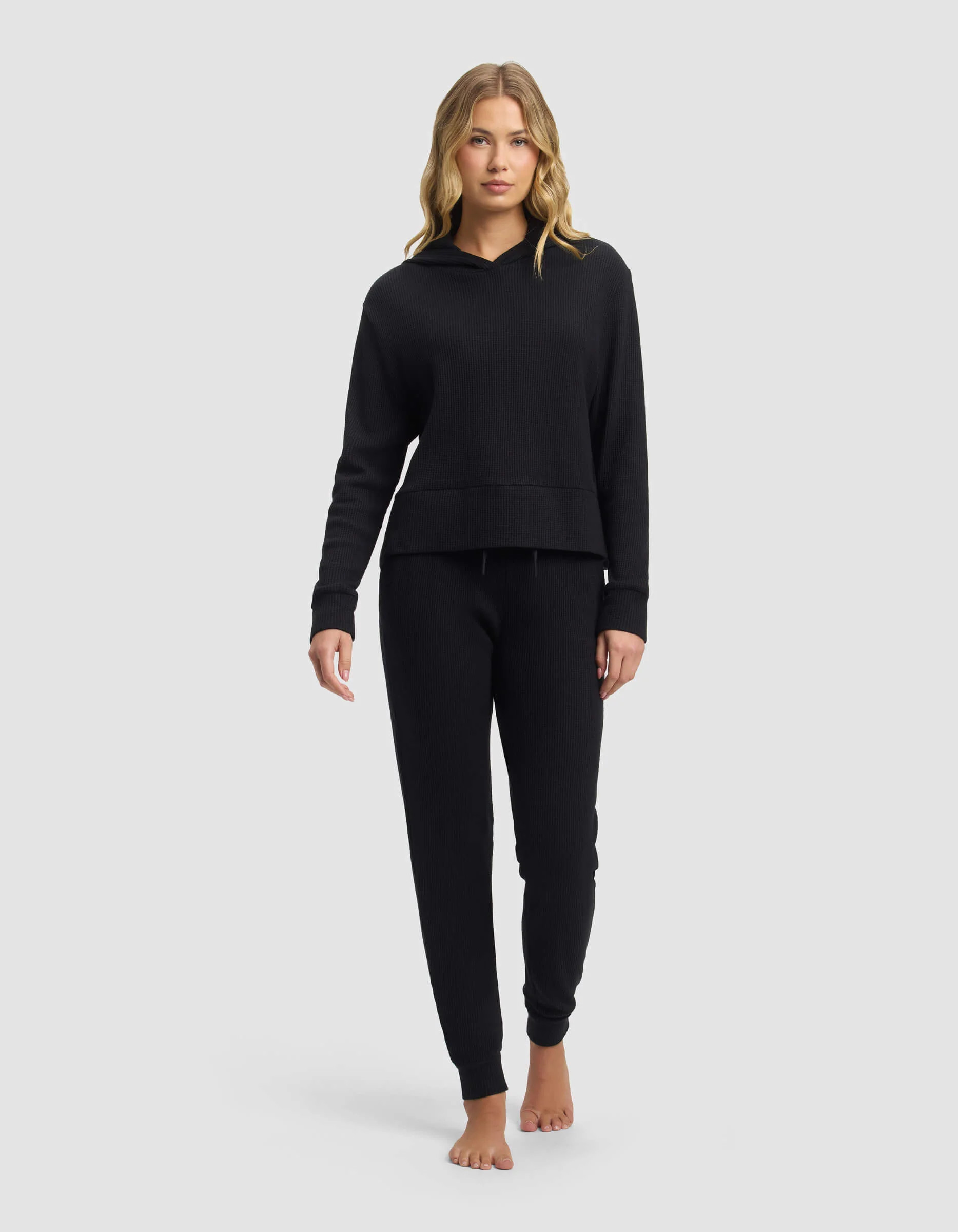Women's Blake Waffle Hoodie & Jogger Set in Jet Black (Size: Small) - Cozy Earth | Cozy Earth