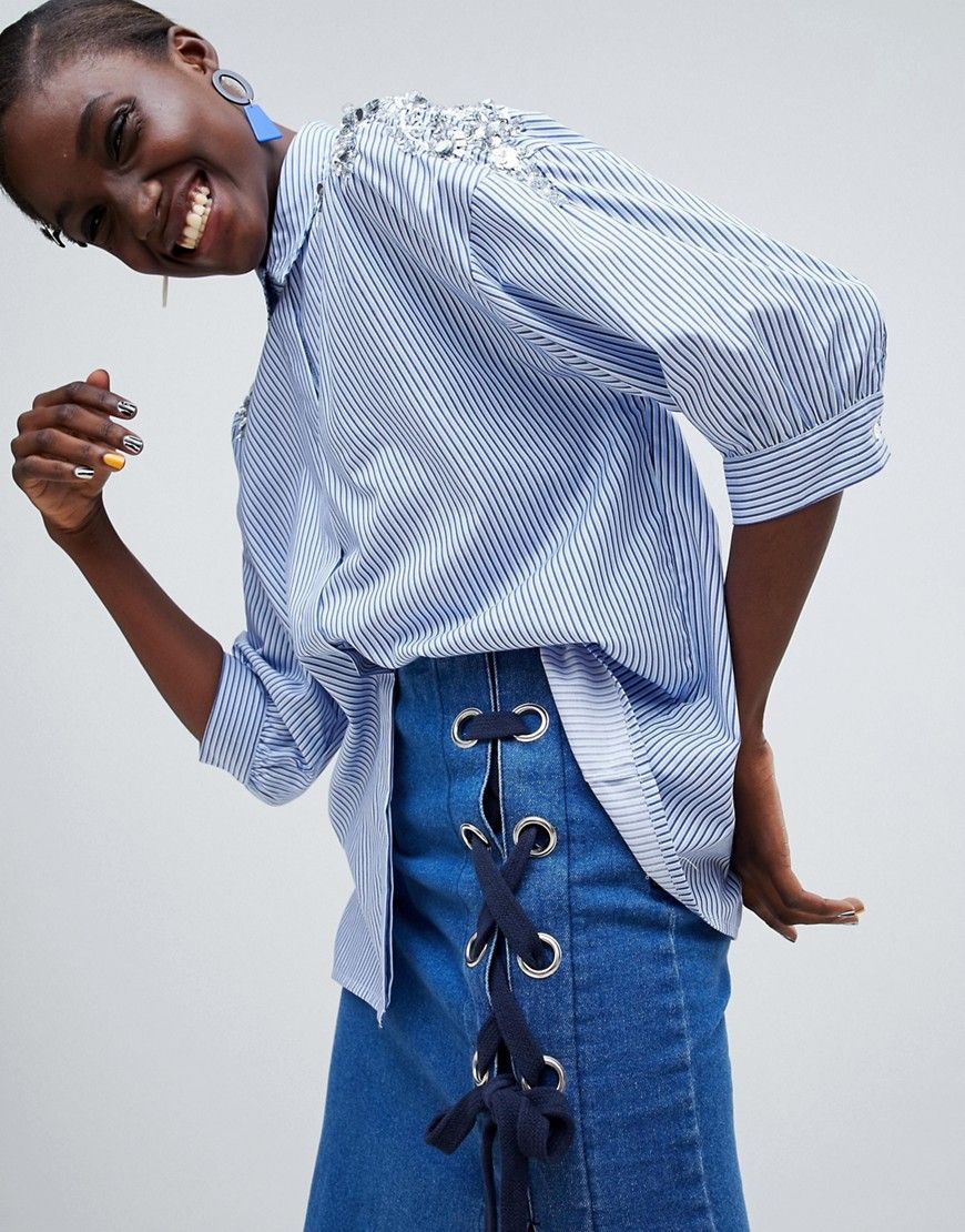 Essentiel Antwerp embellished pinstripe shirt - Blue | ASOS US