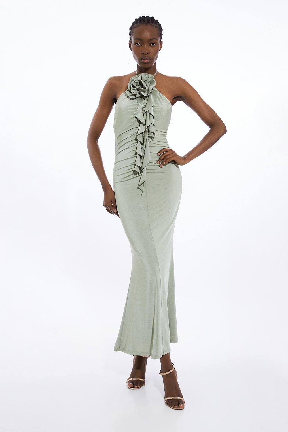 Backless Tie Rosette Slinky Jersey Maxi Dress | Karen Millen UK + IE + DE + NL