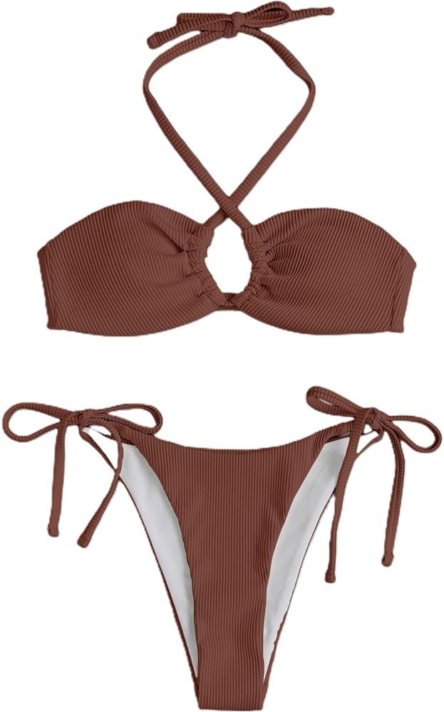 OYOANGLE Women's Two Piece Bathing Suit Textured Cut Out Halter Tie Side Bikini Swimsuit | Amazon (US)