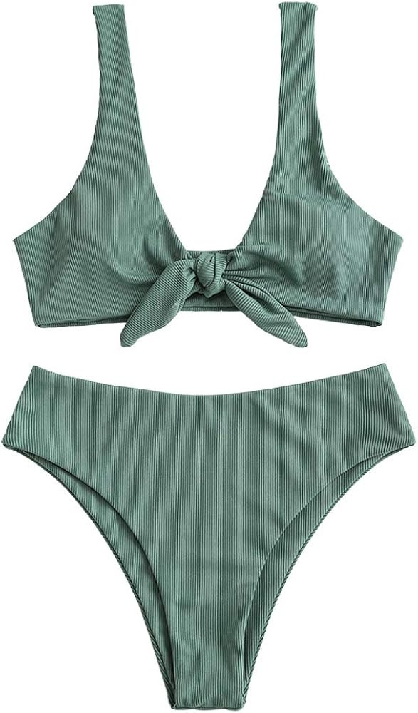 ZAFUL Women's Ribbed Tie Front Knot Bikini High Waisted Bikini Ditsy Floral High Cut Bikini Swims... | Amazon (US)