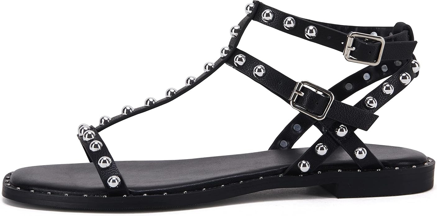 Coutgo Womens Strappy Gladiator Flat Sandal Square Open Toe Studded T Strap Rivet Slingback Buckl... | Amazon (US)