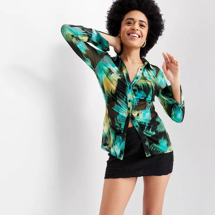 Women's Floral Print Long Sleeve Collared Mesh Button-Up Shirt - Future Collective™ with Gabrie... | Target
