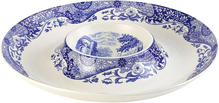 Spode Blue Italian Chip & Dip Set - 14.5 Inch Porcelain Serving Bowl with Center Sauce Dish - Dis... | Amazon (US)