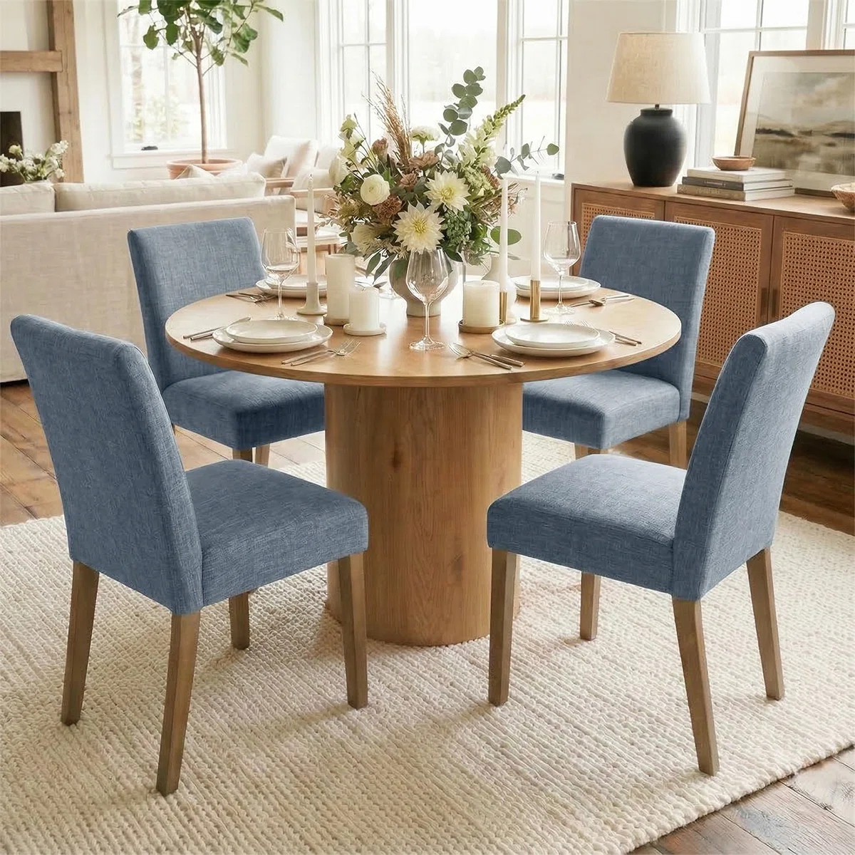 Danayla 4 - Person Dining Table Sets With 41.5'' Round Table & 4 Upholstered Linen Chairs | Wayfair North America