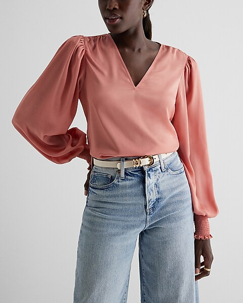 V-Neck Long Sleeve Smocked Cuff Top | Express