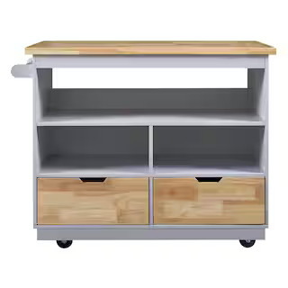 FUNKOL Grey Blue Solid Wood 46 in. W Kitchen Island with 2 Drawers and 3 Open Compartments and Wo... | The Home Depot