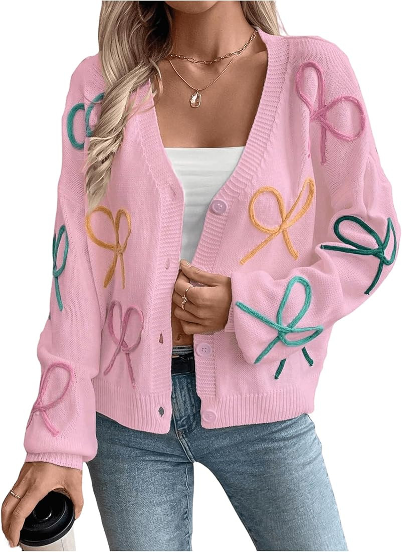 WDIRARA Women's Bow Button Down Cardigan V Neck Long Sleeve Drop Shoulder Knit Sweater | Amazon (US)