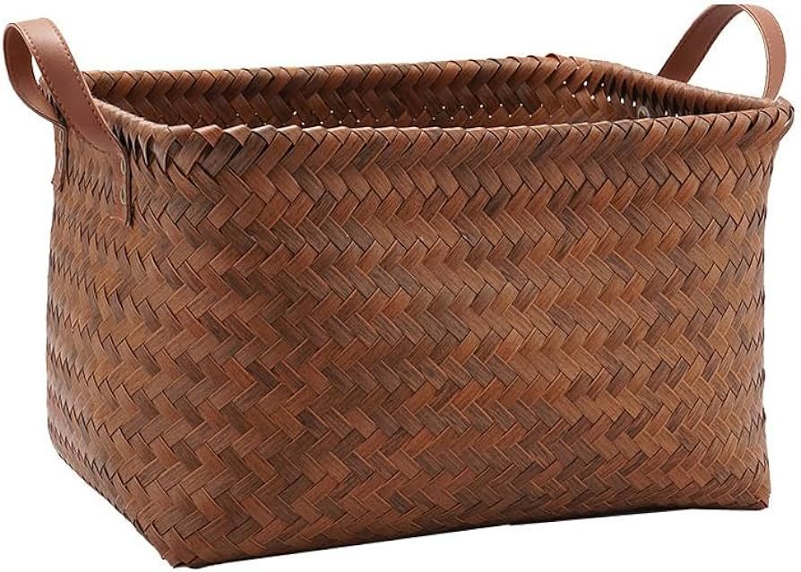 Waterproof Wicker Storage Basket, Rectangle Wicker Basket for Shelves with Handles, Decorative st... | Amazon (US)