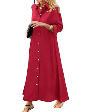 chouyatou Women's Casual Button Down Maxi Shirt Dress Long Sleeve Button Up Tunic Long Dress | Amazon (US)