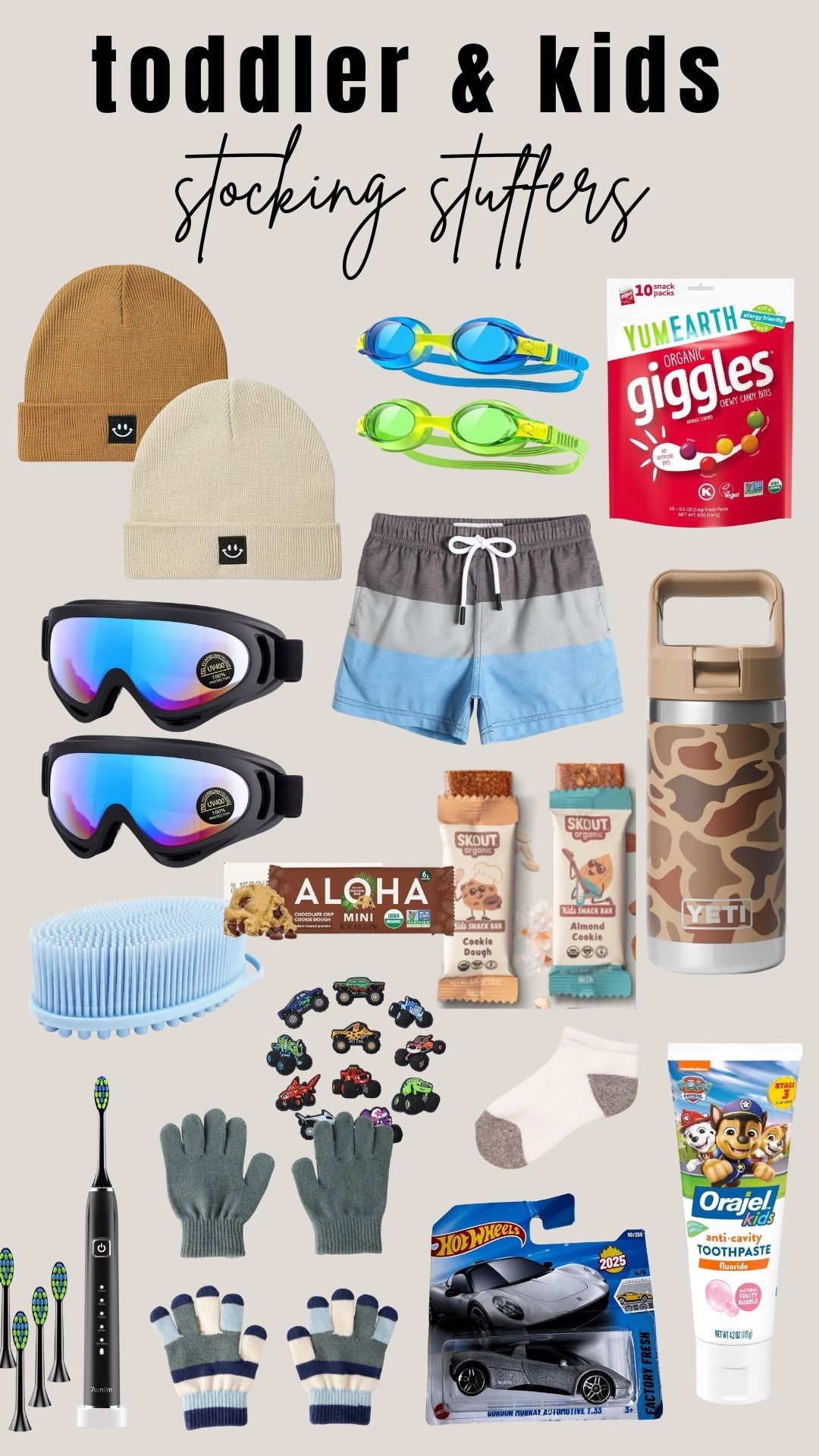 Stocking stuffer ideas for kids / toddlers / boys — someone said to make stocking stuffers practical or edible and I loved that advice 

Winter hats / snow goggles / swim stuff if your kids do swim lessons all year / a few random snacks my son loves / shower stuff and new toothbrush / socks underwear water bottle etc.! 

#LTKKids #LTKGiftGuide #LTKHoliday