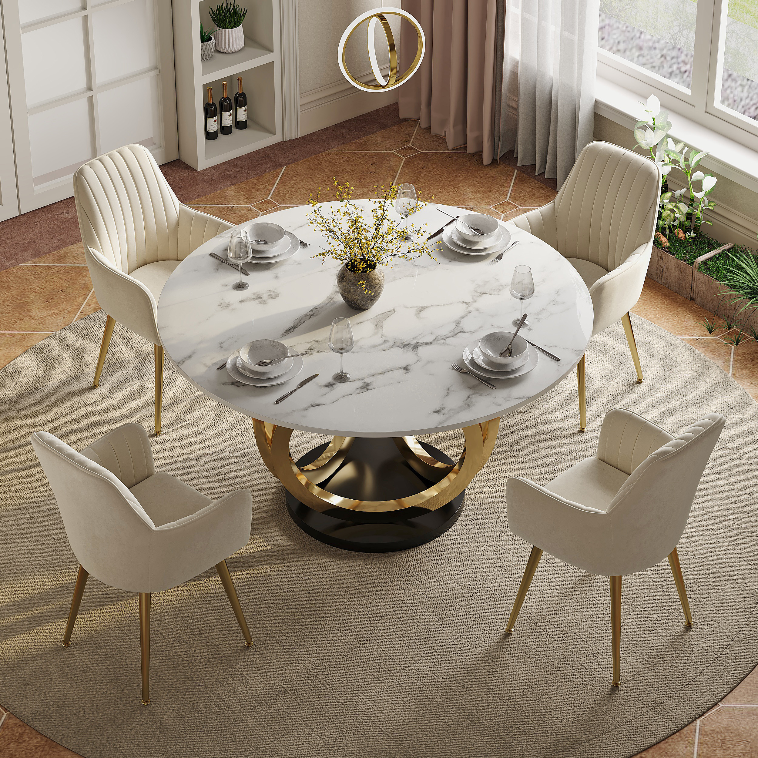 Dining Table Set 53.1"" Faux Marble Dining Table White with 4 Velvet Chairs Modern | Homary