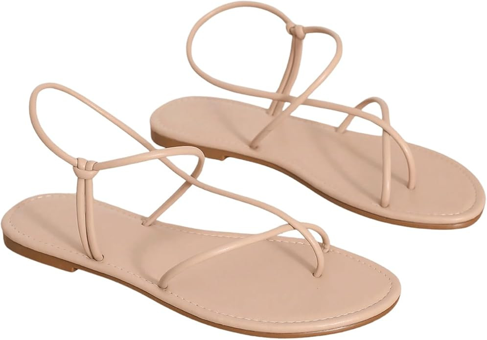 GORGLITTER Women's Metallic Strappy Flat Sandals Open Toe Dressy Summer Beach Thong Slides | Amazon (US)