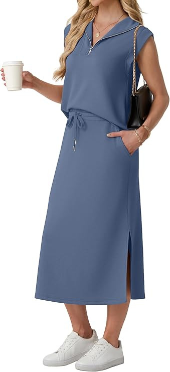 Lepunuo Women Skirt Sets 2 Piece Outfits Casual Half Zip Lapel Cap Sleeve Tops Split Maxi Skirt A... | Amazon (US)