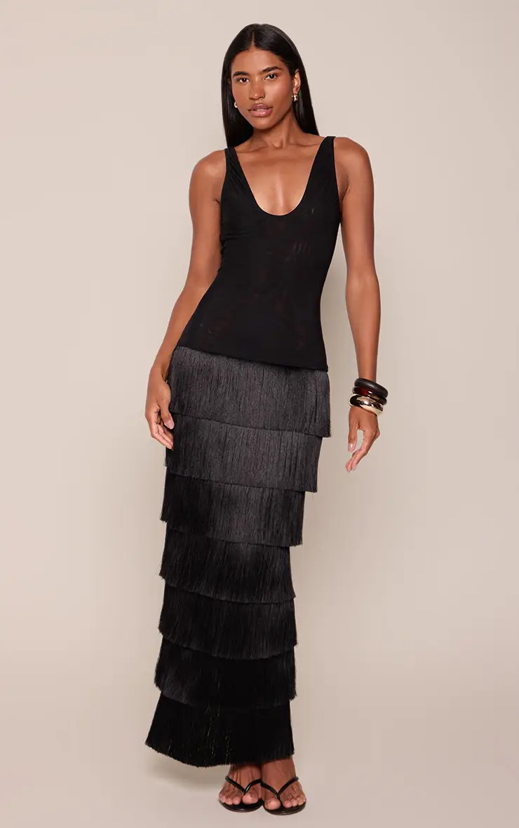 Black PLT Label Black Mesh Fringe Skirt Maxi Dress | PrettyLittleThing USA | PrettyLittleThing US