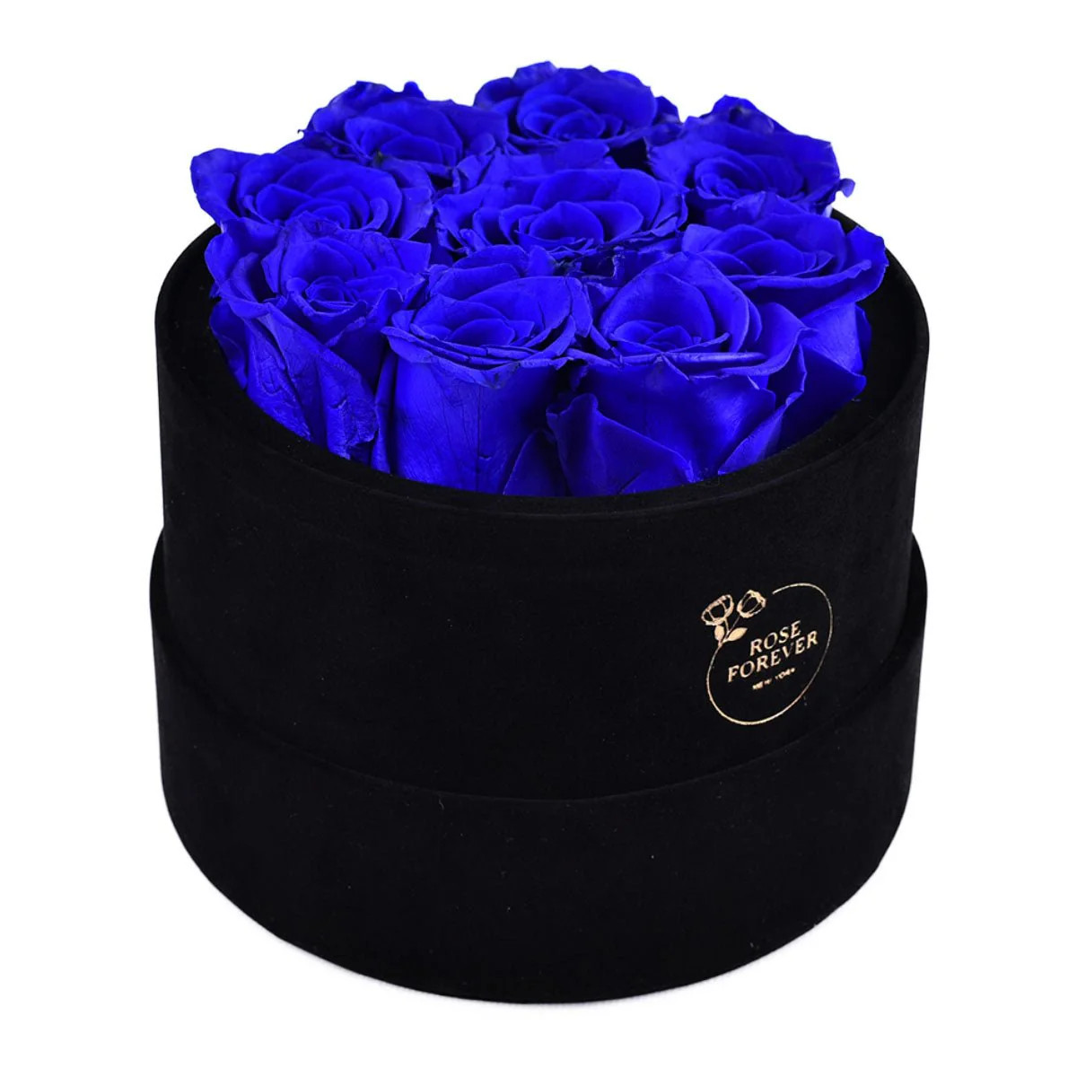 9 Royal Blue Roses - Black Round Velvet Box | Rose Forever 