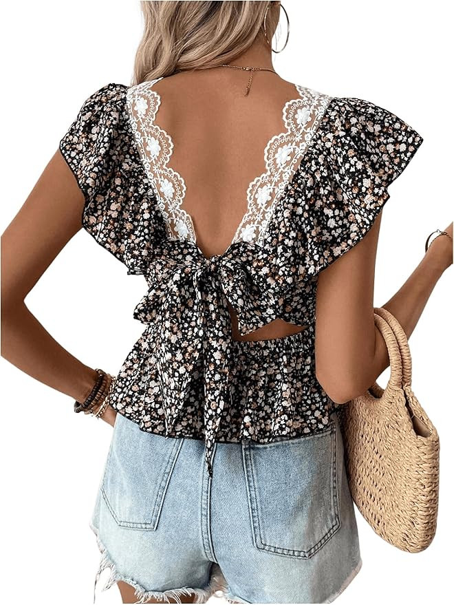 Women's Floral Print Blouse Backless Bow Lace Square Neck Ruffle Cap Sleeve Top Summer Peplum Blo... | Amazon (US)