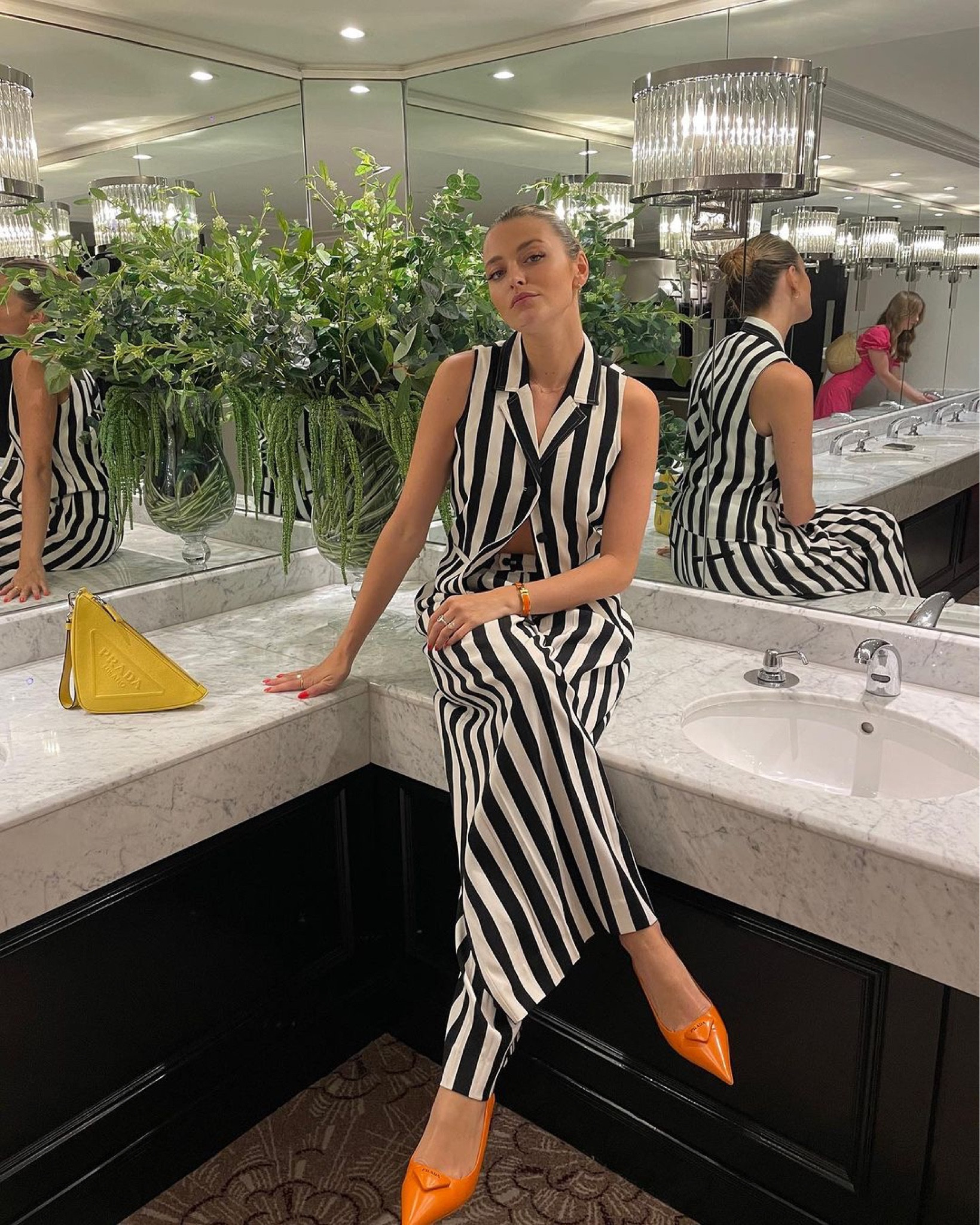 Stripe set, stripe co-ord, stripe waistcoat, button waistcoat, stripe trousers, wide leg trousers, dinner date outfit, date outfit, slingbacks, orange heels, yellow bag, triangle bag, Prada, Never Fully Dressed, ASOS, River Island

#LTKSeasonal #LTKeurope #LTKstyletip