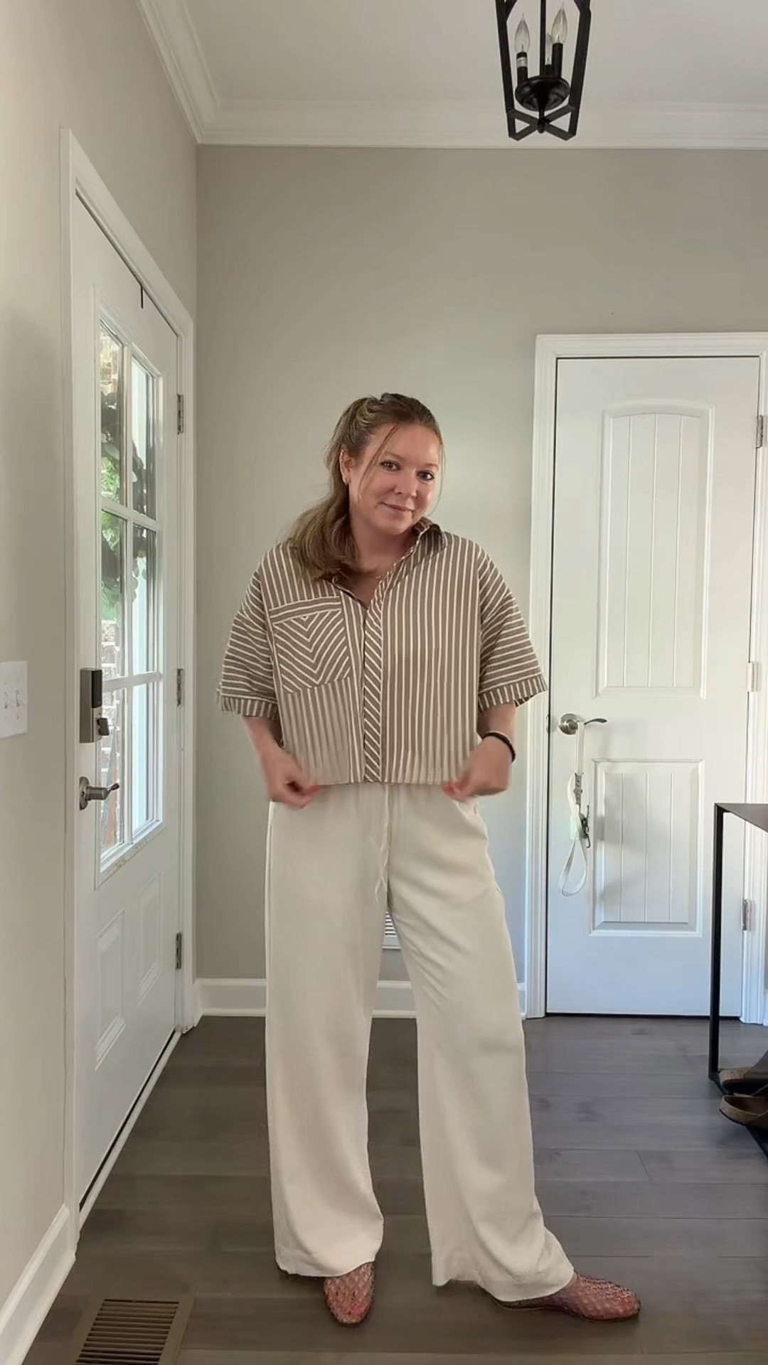 Cropped striped button down / tts wearing a medium 
Off white wide leg drawstring pants / tts wearing a medium 
Jelly cage shoes / tts

#LTKootd #LTKdayinmylife #LTKWorkwear