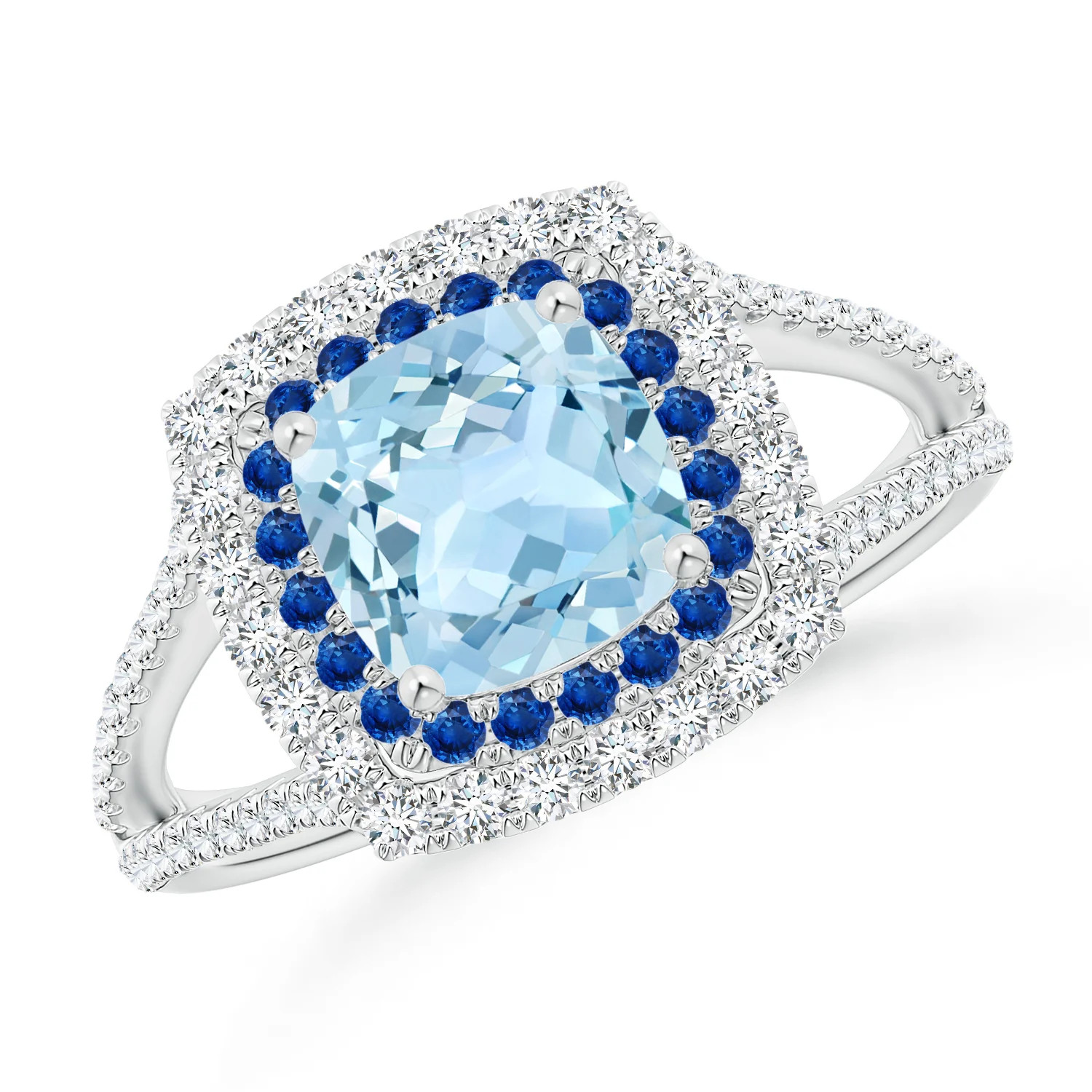 Cushion Aquamarine Double Halo Split Shank Ring | Angara US