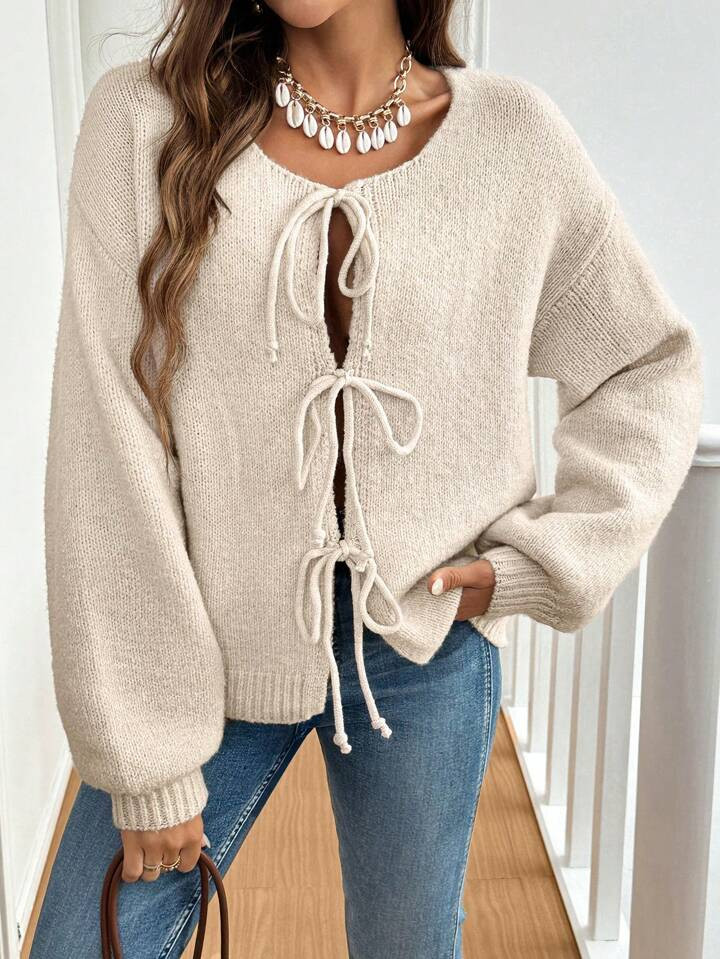 SHEIN Frenchy Ladies' Oversized Solid Color Knotted Long Sleeve Open Front Cardigan,Commute ,Mini... | SHEIN