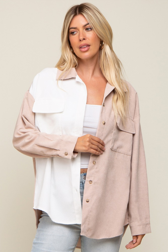 Beige Color blocked Courdoroy Button Down Top | PinkBlush Maternity