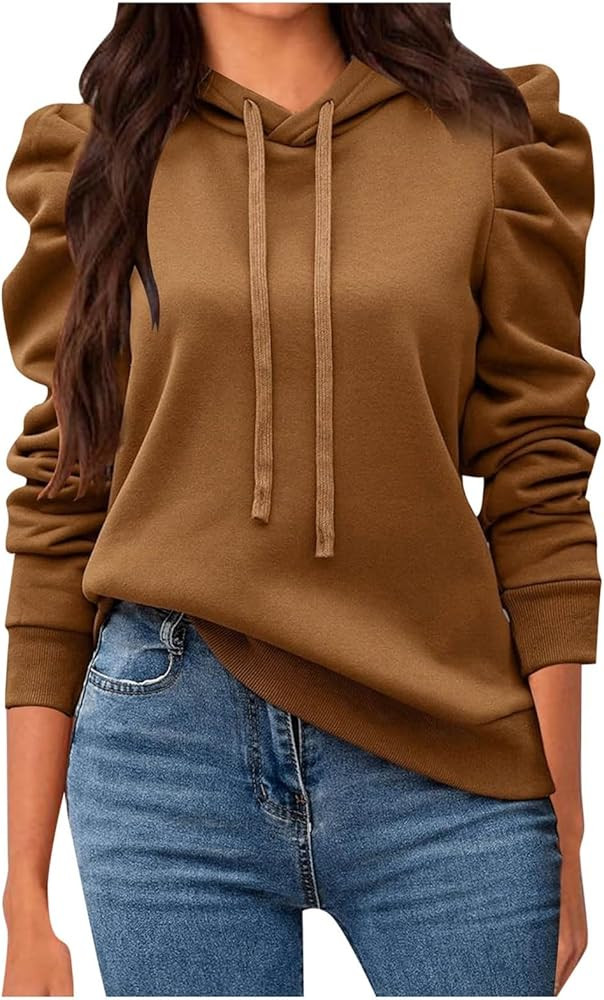 Women's Casual Puff Long Sleeve Hoodie Lightweight Pullover Tops Solid Loose Sweatshirt Fall Outf... | Amazon (US)
