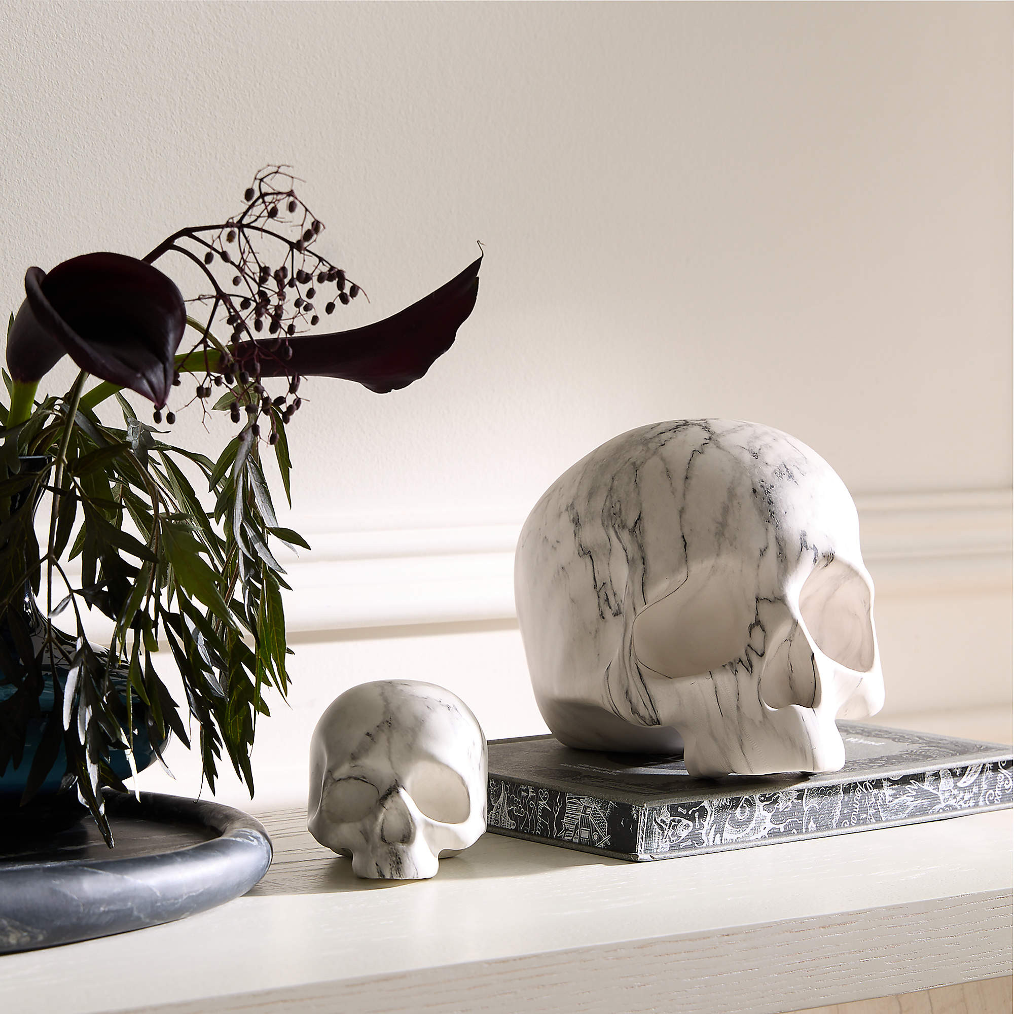 Halloween White Marbled Cement Decorative Skull Set of 2 | CB2 | CB2