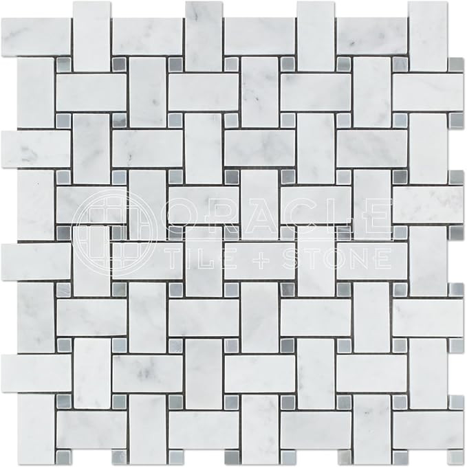 Carrara White Italian (Bianco Carrara) Marble Basketweave Mosaic Tile with Blue & Gray Marble Dot... | Amazon (US)