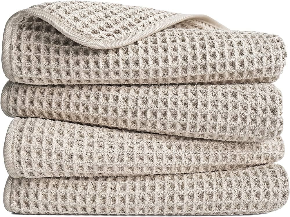 POLYTE Microfiber Lint Free Hand Towel, 16 x 30 in, 4 Pack (Beige, Waffle Weave) | Amazon (US)