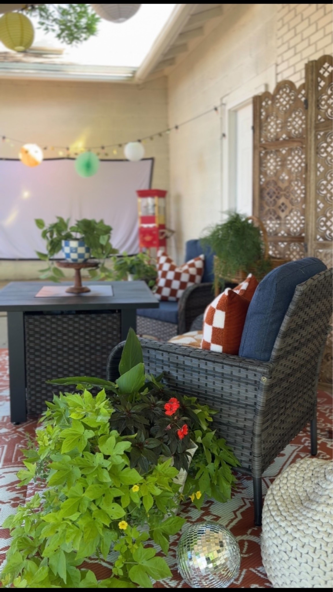Patio makeover- wicker chairs, checkered pillow covers, room separator, checkered plant, firepit, outdoor movie, plants etc.

#LTKSeasonal #LTKSaleAlert #LTKHome