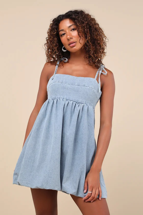 Charmed Aura Light Wash Denim Tie-Strap Bubble-Hem Mini Dress | Lulus