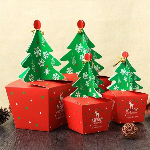 20 Pieces 3D Christmas Candy Treat Boxes with Ribbons and Bells, Christmas Tree Gift Bags for Par... | Walmart (US)