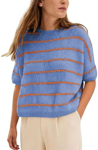 QIBABU Womens Short Sleeve Striped Sweater Top Casual Crewneck Lightweight Shirt Spring Summer Cr... | Amazon (US)