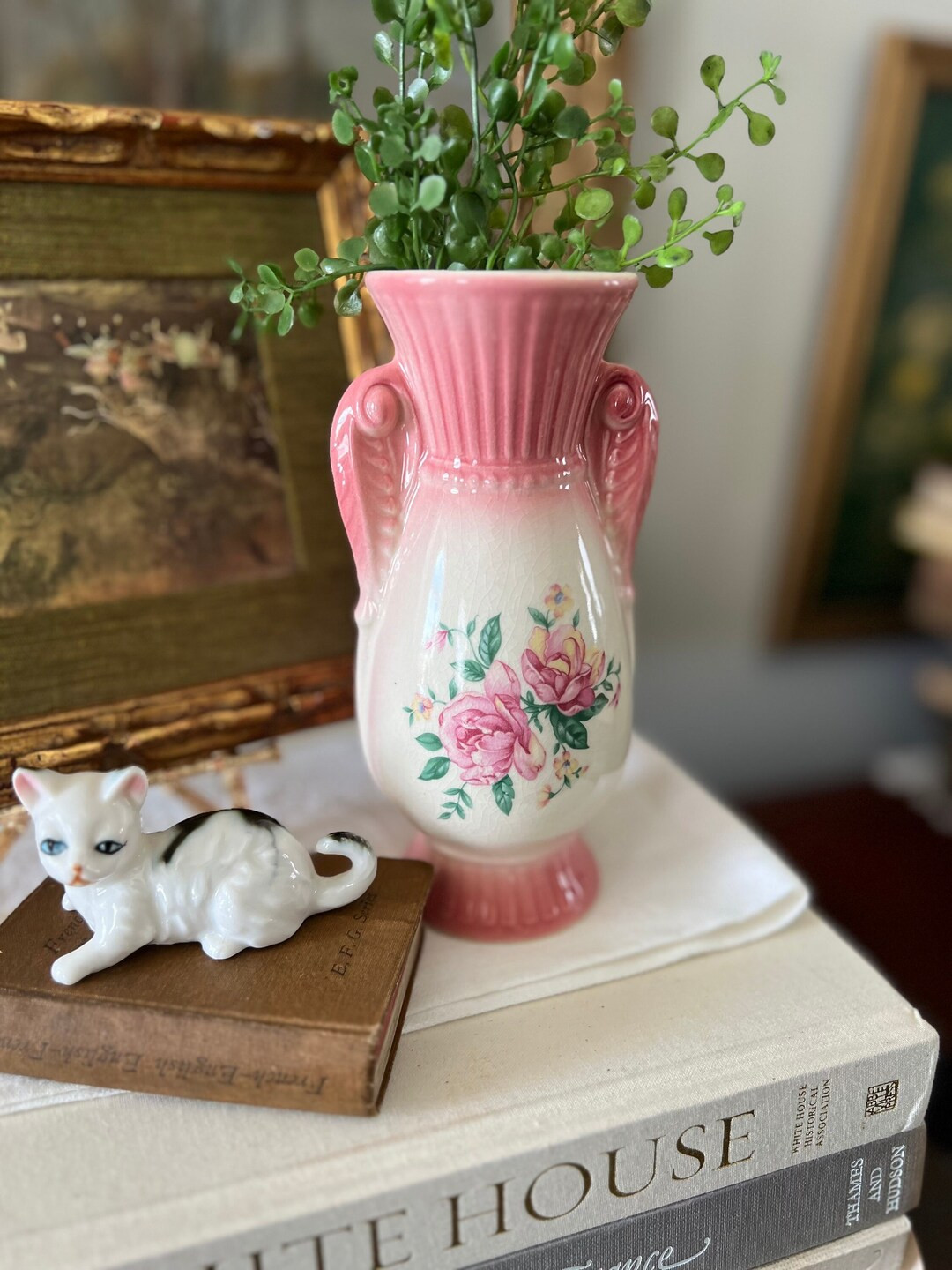 Royal Copley Cranberry Pink and Cream Vase With Roses 1940s Ceramic Floral Vessel Double Handles ... | Etsy (US)