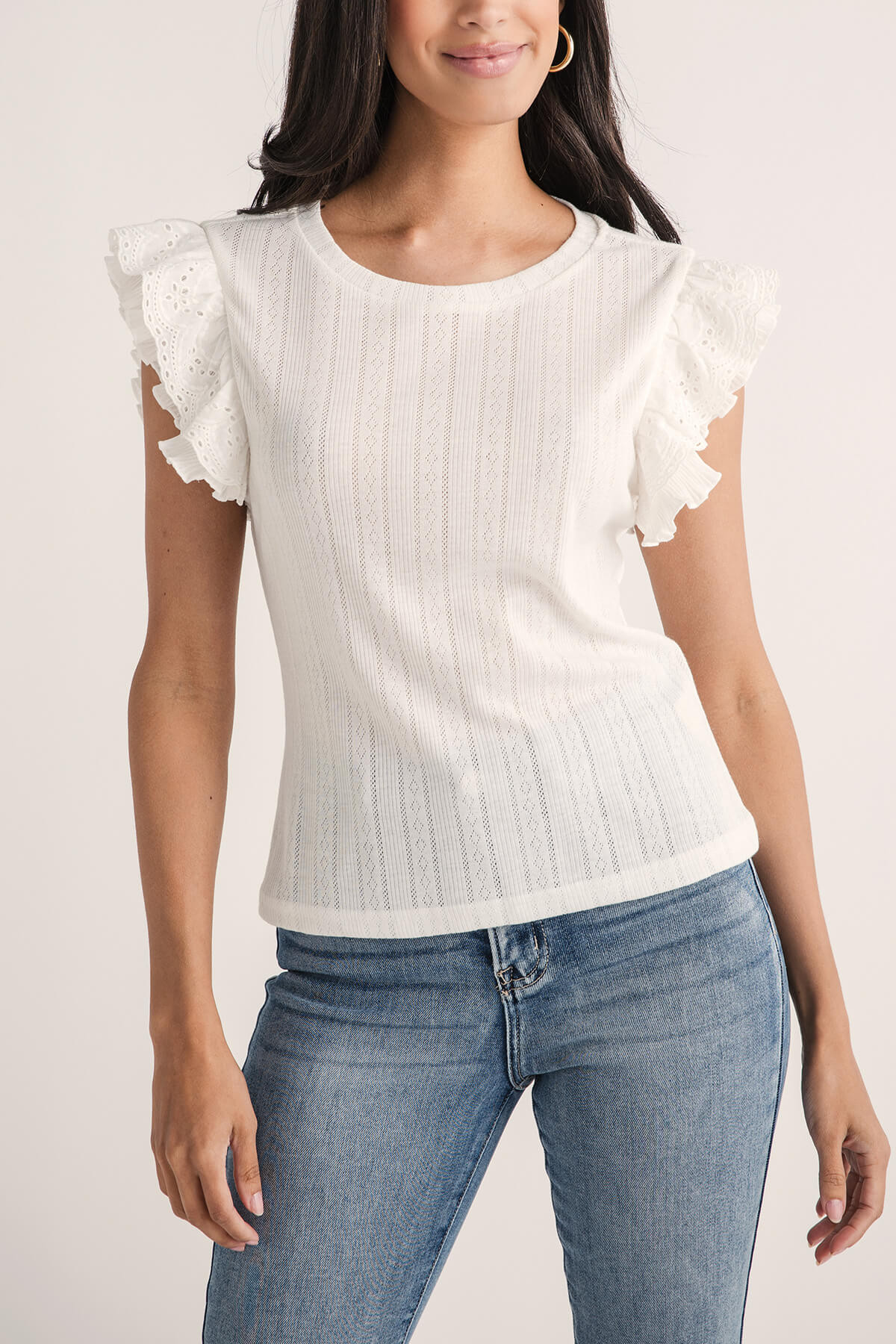 Hem and Thread Pointelle Ruffle Top | Social Threads