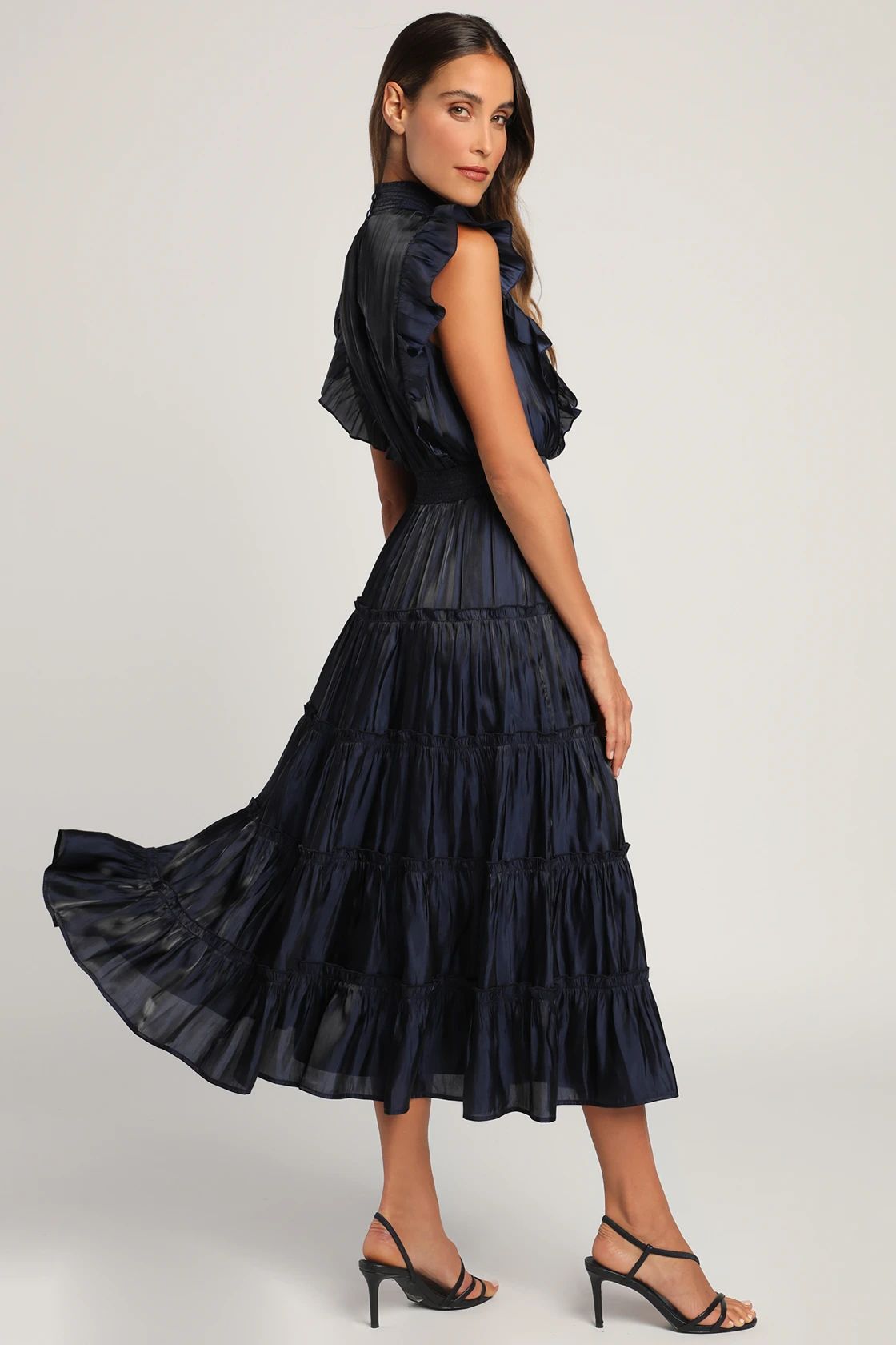 Take a Glance Navy Blue Tiered Mock Neck Midi Dress | Lulus (US)